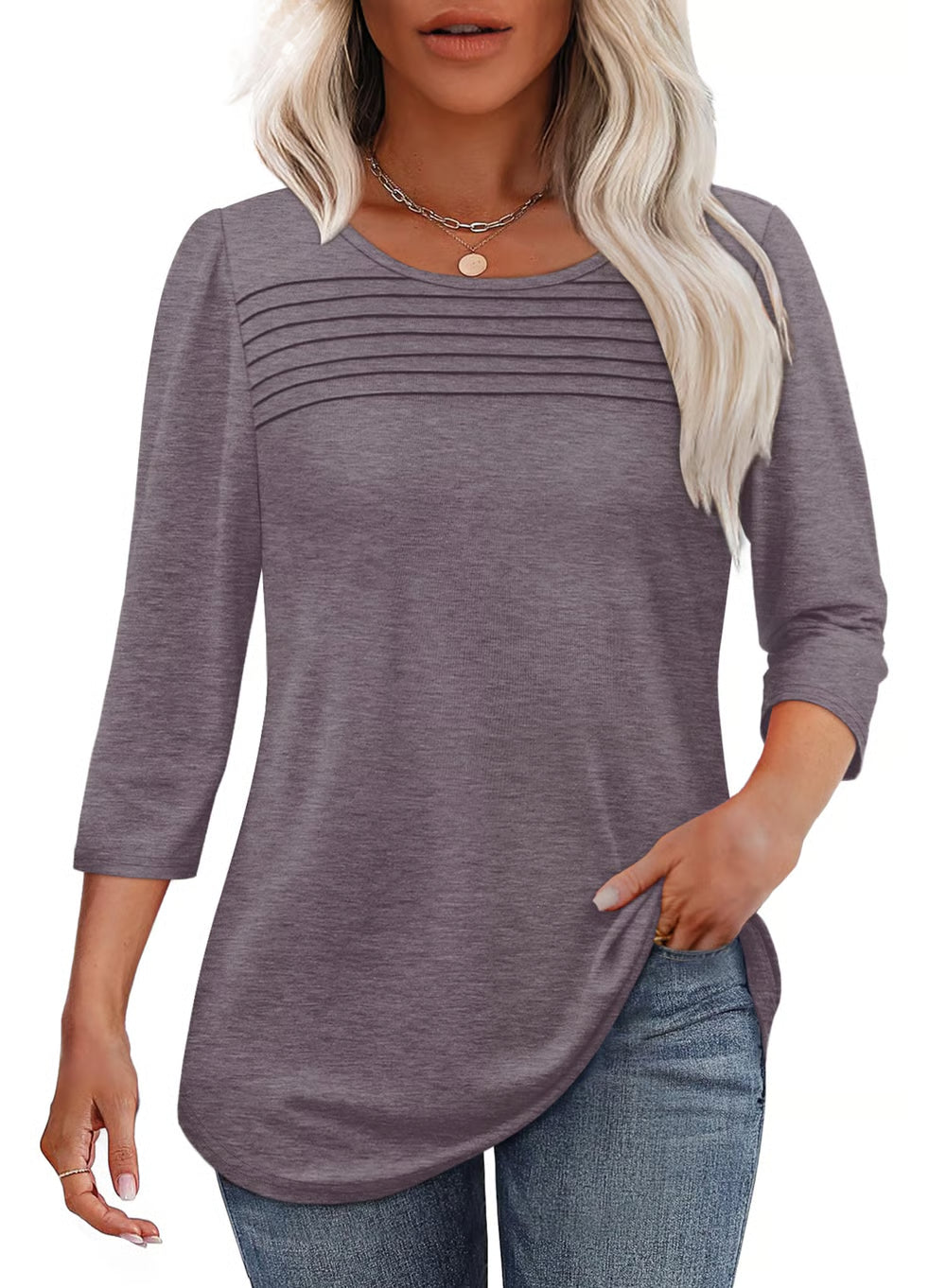 NEW🔥 2025 Women's 3/4 Length Sleeve Top Pleated Front T-Shirt