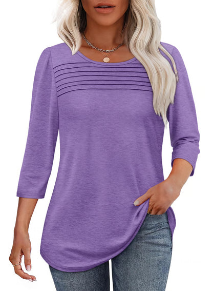 NEW🔥 2025 Women's 3/4 Length Sleeve Top Pleated Front T-Shirt
