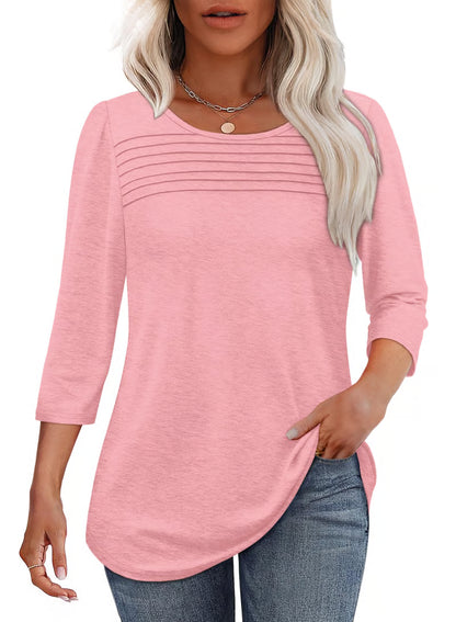 NEW🔥 2025 Women's 3/4 Length Sleeve Top Pleated Front T-Shirt
