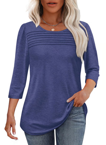 NEW🔥 2025 Women's 3/4 Length Sleeve Top Pleated Front T-Shirt