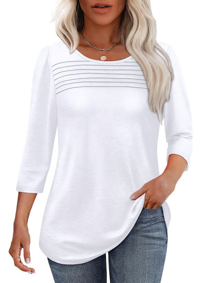 NEW🔥 2025 Women's 3/4 Length Sleeve Top Pleated Front T-Shirt