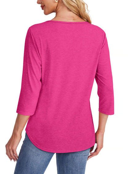 NEW🔥 2025 Women's 3/4 Length Sleeve Top Pleated Front T-Shirt