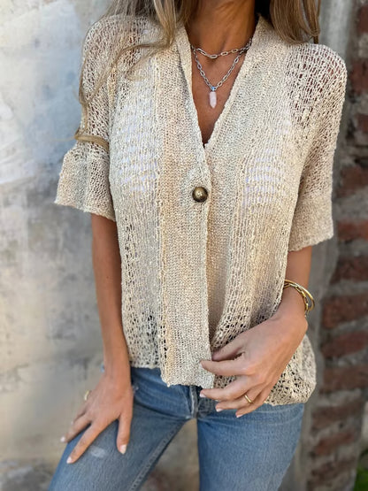 Hollow V-neck single button loose short sleeves
