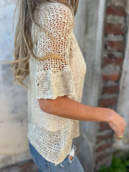 Hollow V-neck single button loose short sleeves