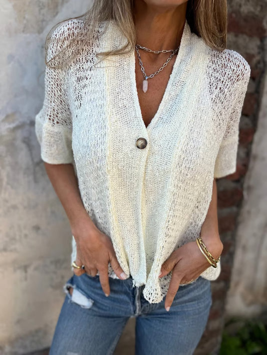 Hollow V-neck single button loose short sleeves