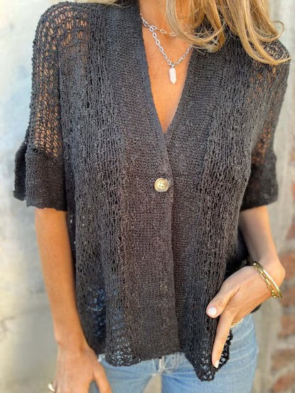 Hollow V-neck single button loose short sleeves